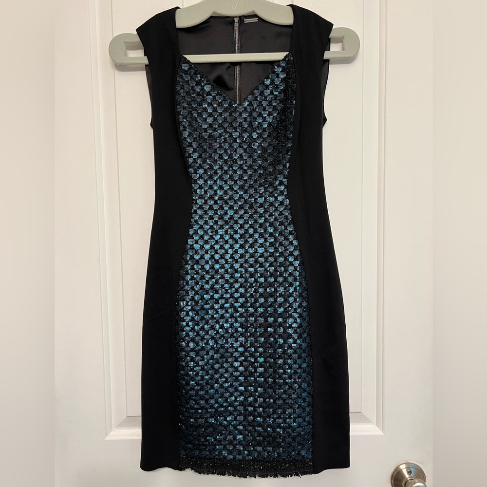 ELIE TAHARI BLACK SILHOUETTE DRESS WITH BLACK AND TEAL SEQUINS DOWN FRONT